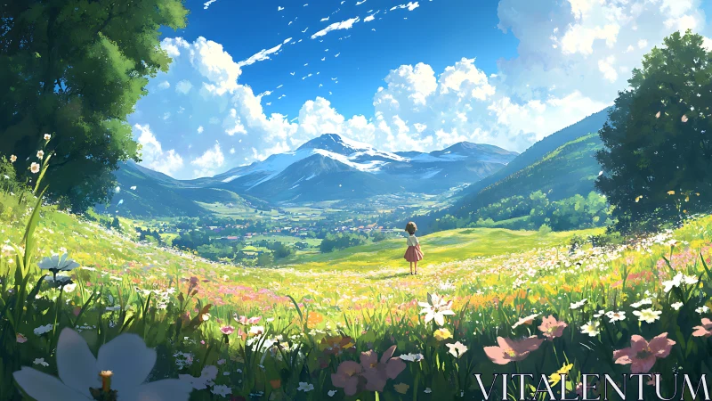 Anime meadow vista with girl facing distant snowy mountains.