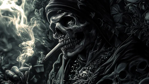 Skull figure in hood smokes while surrounded by dense shadows