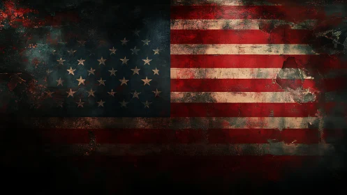 Weathered American flag glowing through shadows and time.