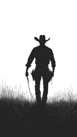 Silhouette of cowboy figure standing in grassy field at dusk.