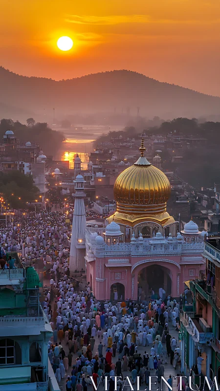 Golden-domed shrine at sunset with dense pilgrimage crowd below