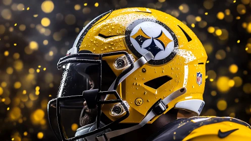 Side profile shows yellow football helmet with water drops