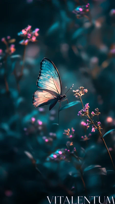 Butterfly on small blossoms in low light garden setting.