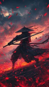 Lone samurai strides through burning embers under storm sky