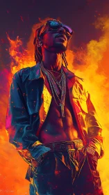 Stylized urban portrait in infernal neon flame lighting