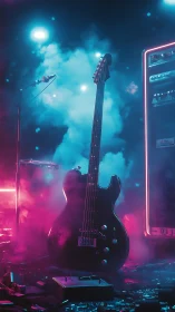 Electric guitar stands on neon lit stage with fog effects