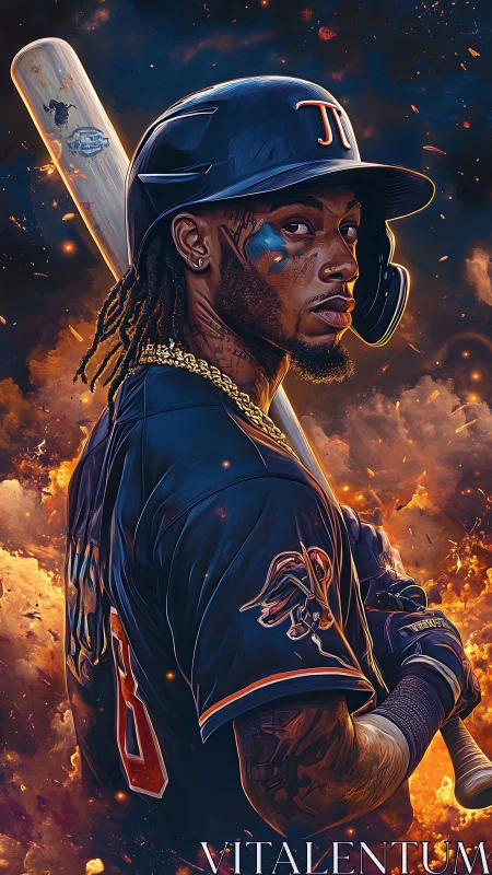 Fiery baseball slugger stands ready amid explosive glow.