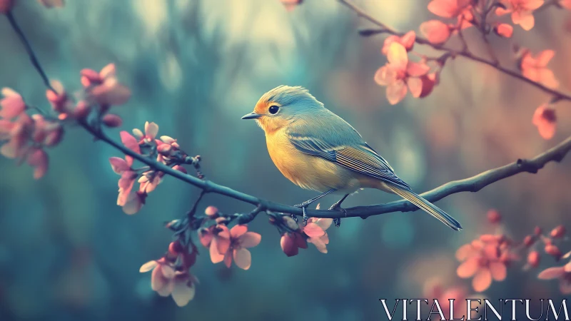 Yellow songbird perched on blooming branch in dreamy pastel style.