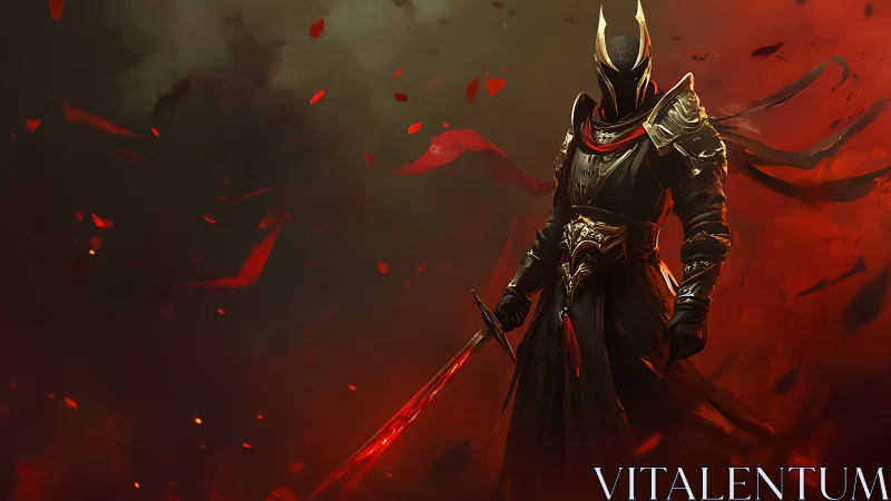 Dark flame knight standing in swirling crimson storm.