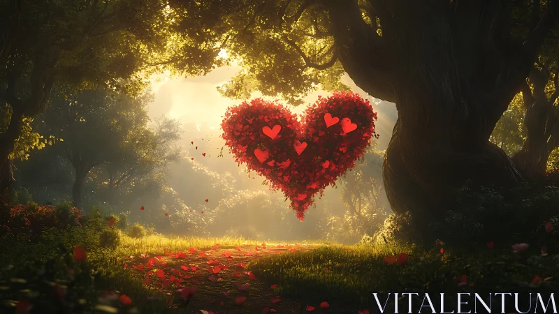 Heart-shaped formation made from red particles in misty forest clearing