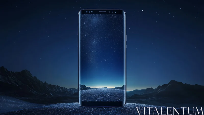 Edge-to-edge bezel-less smartphone on starlit alien landscape
