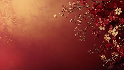 Red and Gold Floral Branches Against Gradient Backdrop