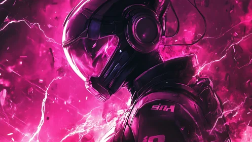 Neon pink sci fi soldier in helmet amid electric storm.