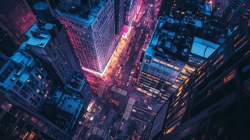 Cyberpunk aerial city corridor with neon-split perspective.