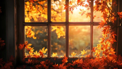 Autumn foliage framed by wooden window at low warm sunlight.