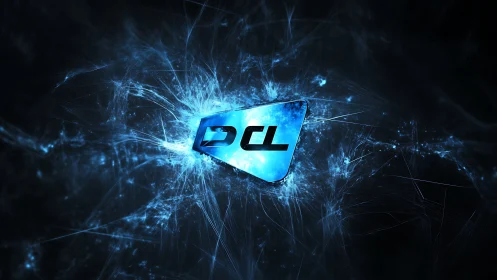 Blue DCL logo on dark abstract digital energy field.