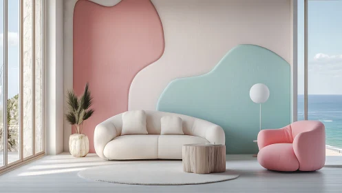Coastal pastel living room with sculpted accent wall.