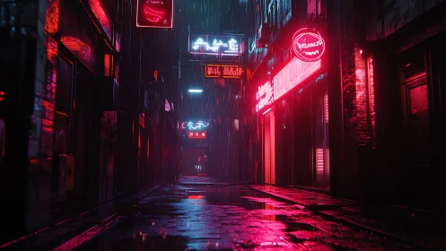 Neon soaked cyberpunk alleyway in cinematic night rain.