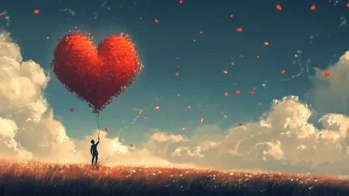 Figure Holding Giant Red Heart Balloon in Golden Field.