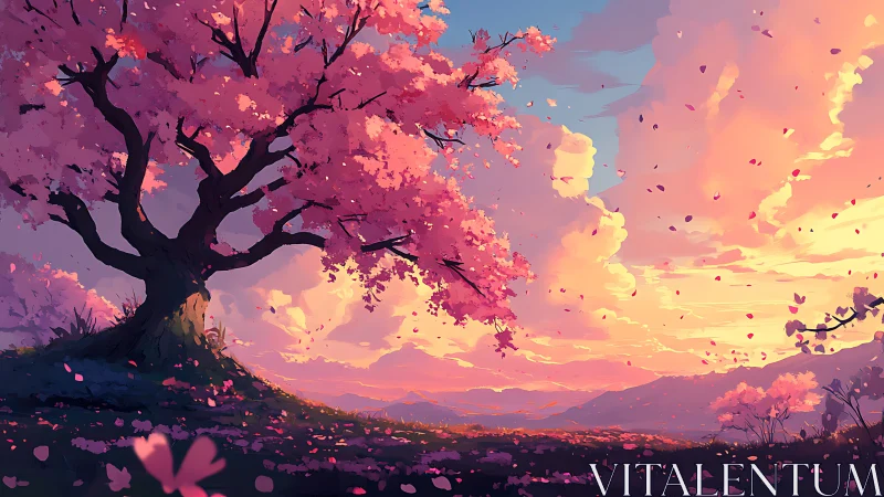 Large cherry tree stands on hill under vivid sunset sky