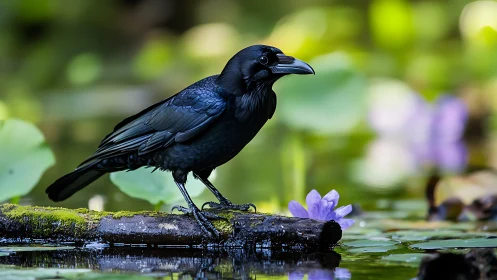 Black crow on mossy log in serene pond, vibrant natural style.