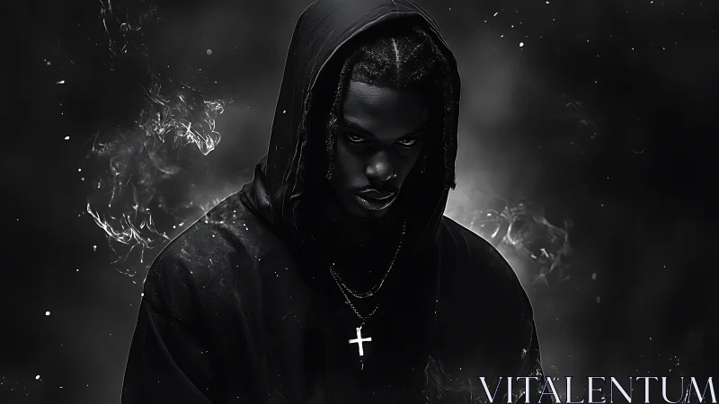 Midnight hooded figure sharpens shadows with a silent glare