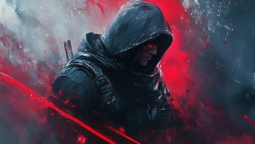Hooded cyber assassin in red-black nebula lighting profile