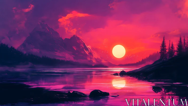 Neon sunset over mountain lake with glowing mirror reflection.