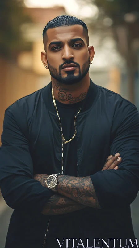 Man with tattoos stands in shallow-depth-of-field portrait