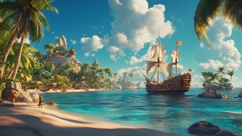 Tropical Paradise Seascape with Galleon and Island Fortress