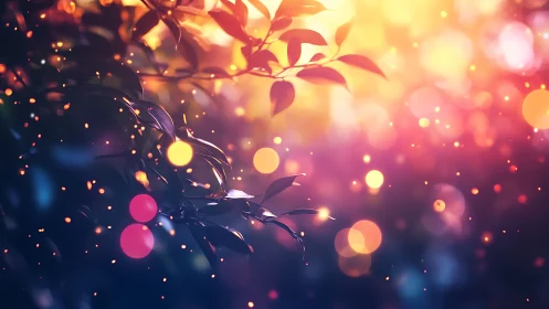 Backlit foliage with multicolored bokeh and soft light glow.