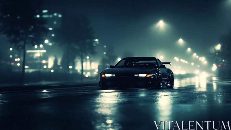 Dark sports car is positioned on wet urban street at night