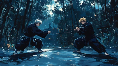 Samurai duel in rain-soaked forest with dynamic blue lighting.