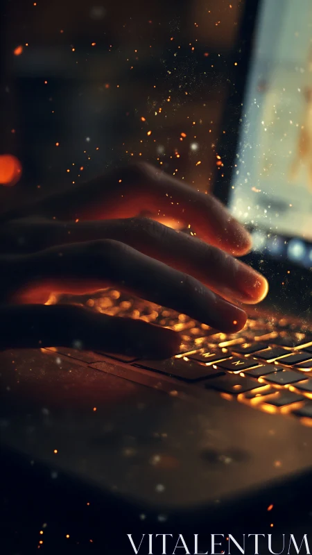 Hands typing on illuminated laptop keyboard in low light.