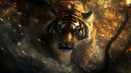 Low-angle stalking tiger rendered in high-contrast digital brushwork