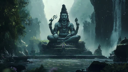 Massive serene deity statue dominates misty jungle canyon