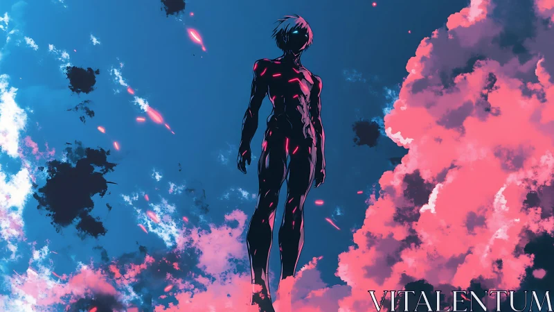 Starlit silhouette drifting between neon cotton skies.