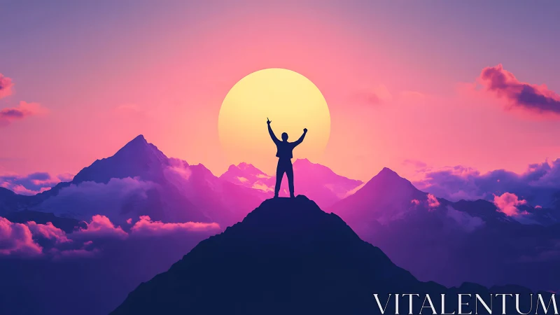 Digital painting of triumphant silhouette atop sunlit peak.