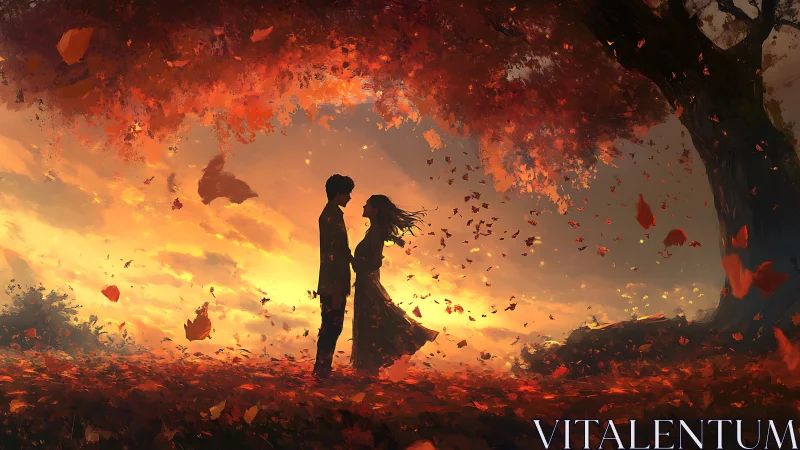 Silhouetted Couple Amid Autumn Leaves and Golden Sunset.