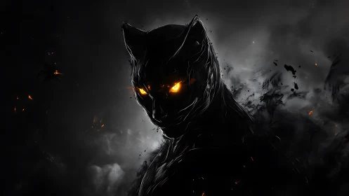 Dark feline silhouette with molten ember-glowing eyes.