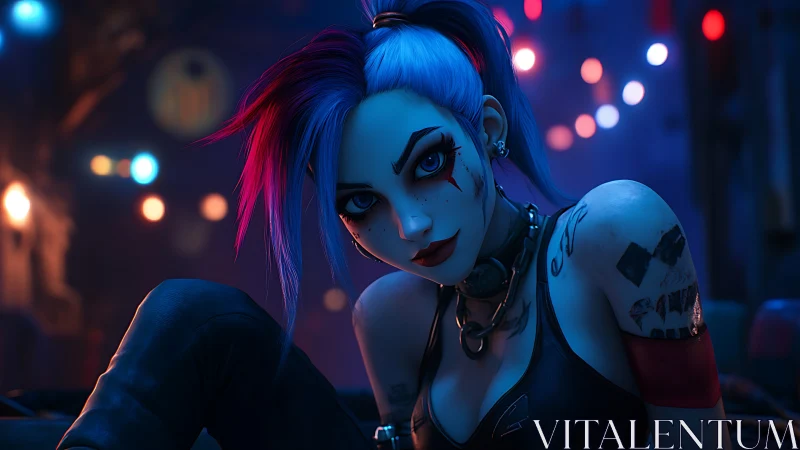 Neon lit punk heroine in shallow depth 3D character render