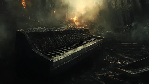 Ruined city piano holding quiet notes in the embers.