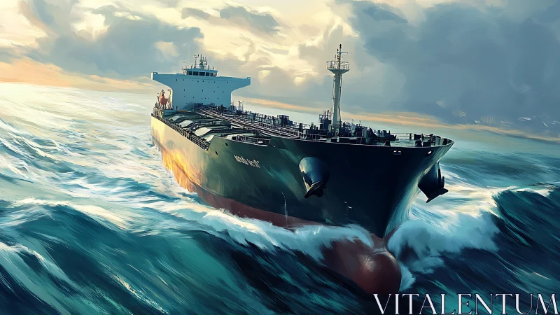 Oil tanker cuts through teal waves under dramatic sky.