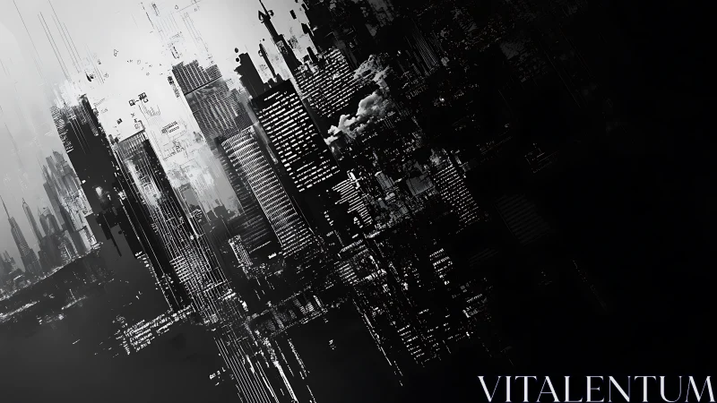 Monochrome glitch-architectural cityscape with digital decay gradients.