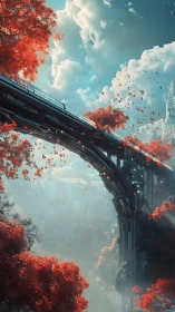 Skybridge over scarlet forest in a dreamy future world.