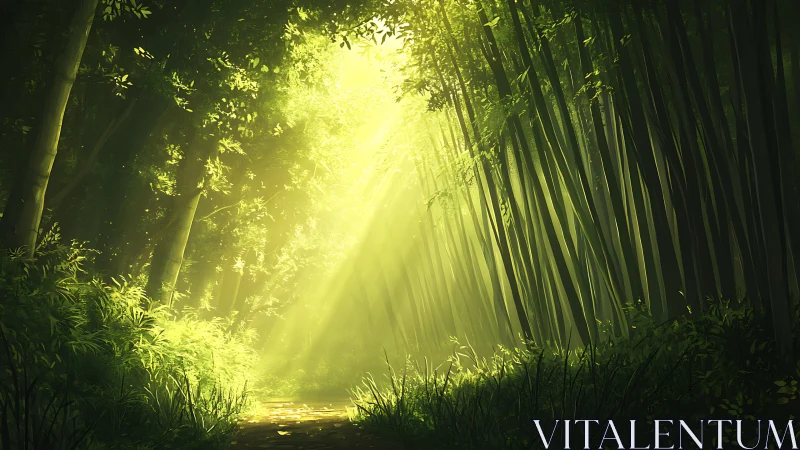 Sunlit bamboo corridor rendered in atmospheric digital painting