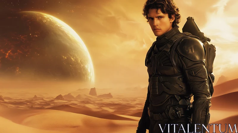 Photorealistic sci-fi warrior in armored suit on desert world.
