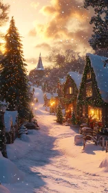 Snowy village lane glowing with cozy holiday lights.