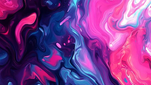 Neon fluid abstract with swirling pink and blue waves.