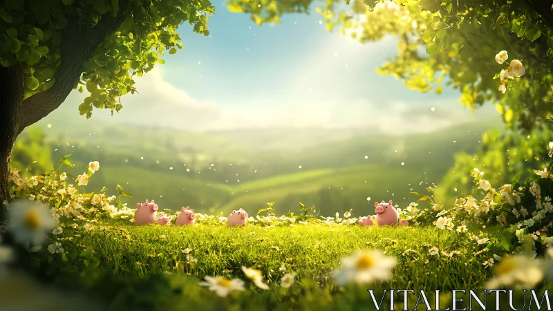 Sunlit piglet meadow where tiny dreamers nap in clover.